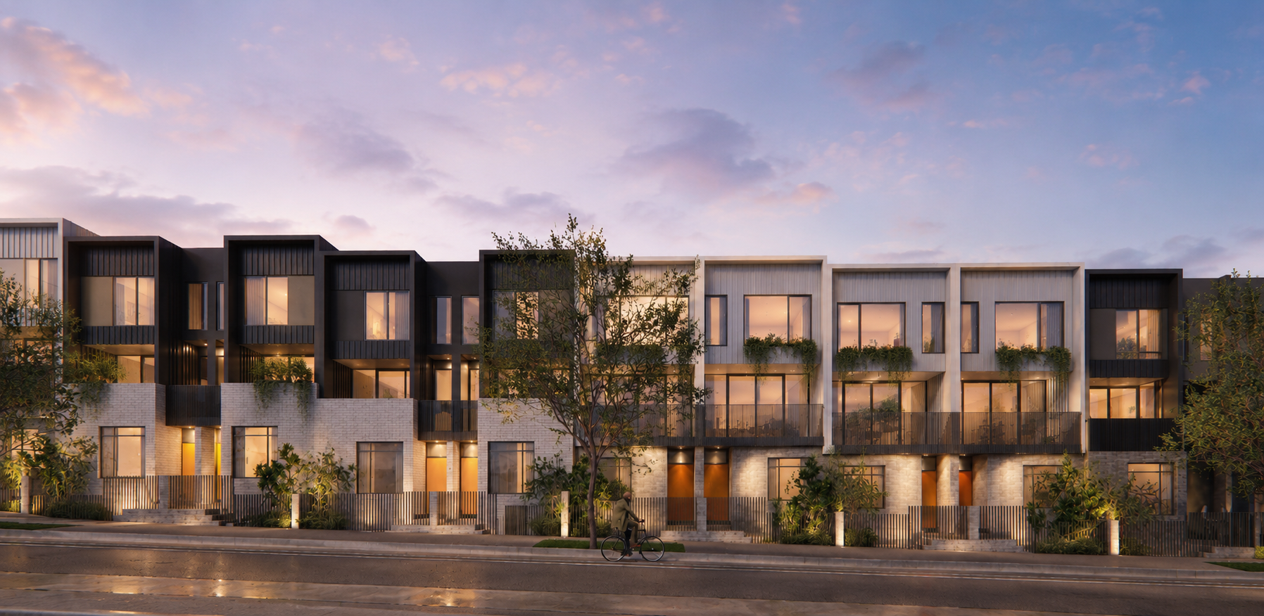 North Melbourne townhomes — dusk streetscape render